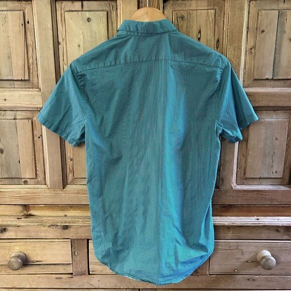 Men's Theory Small Zack Button Up Green White Dots Button Collar Short Sleeve - Picture 6 of 11